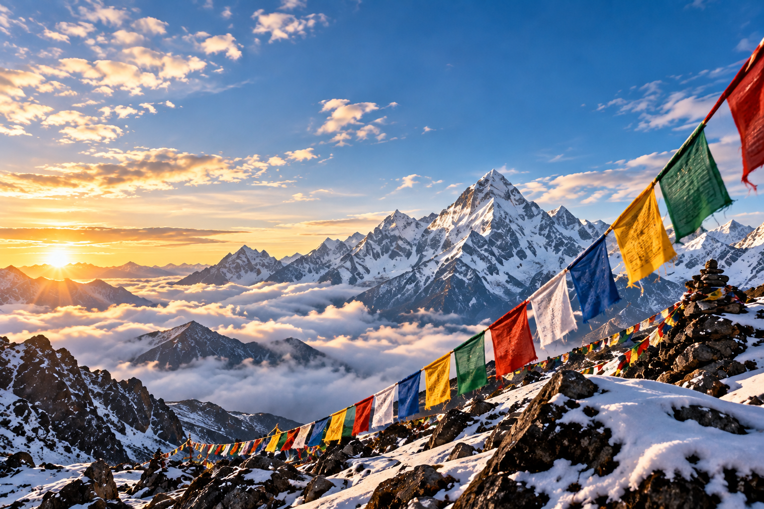 Prayer flags on a snowy Himalayan ridge at sunrise