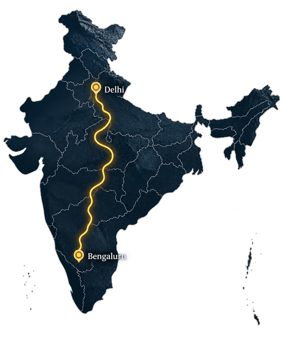Map of India showing the motorcycle route from Bengaluru to Delhi